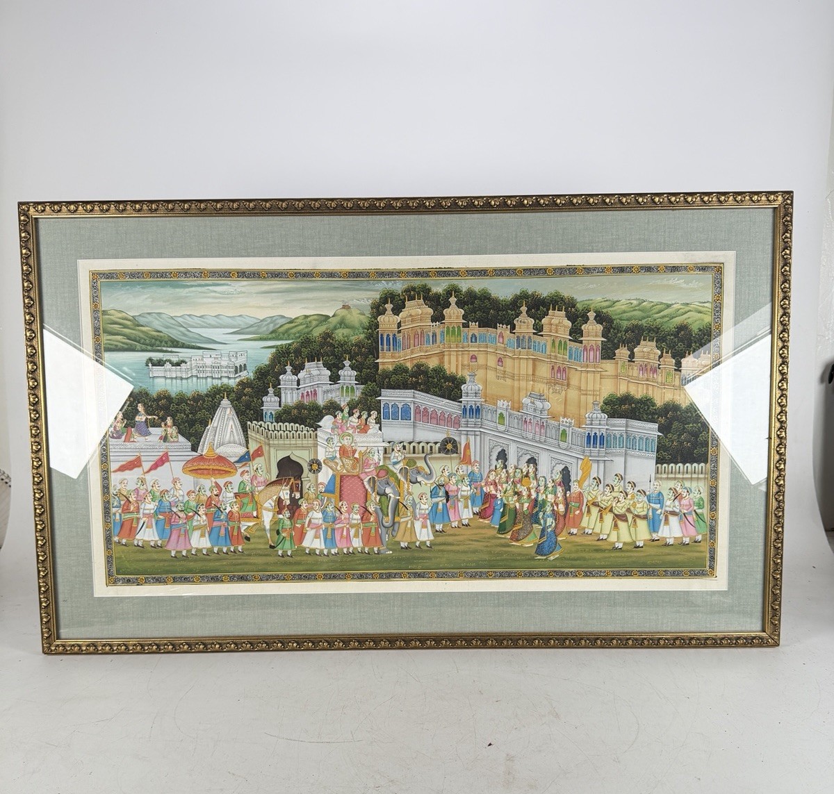 Rajasthani Indian Painting King Procession Art On Silk Cloth Hand Painted 1900s Rajasthani Indian Painting King Procession Art On Silk Cloth Hand Painted 1900s