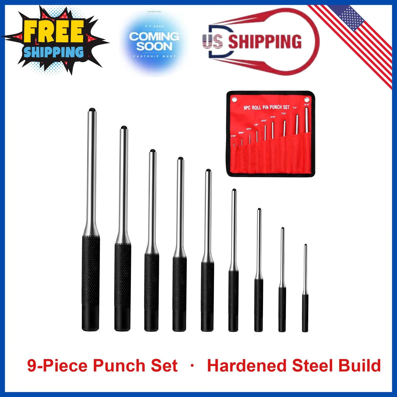 9 Pcs Roll Pin Punch Set 1/16 to 5/16 Inch Steel Punches with Storage Pouch 9 Pcs Roll Pin Punch Set 1/16 to 5/16 Inch Steel Punches with Storage Pouch
