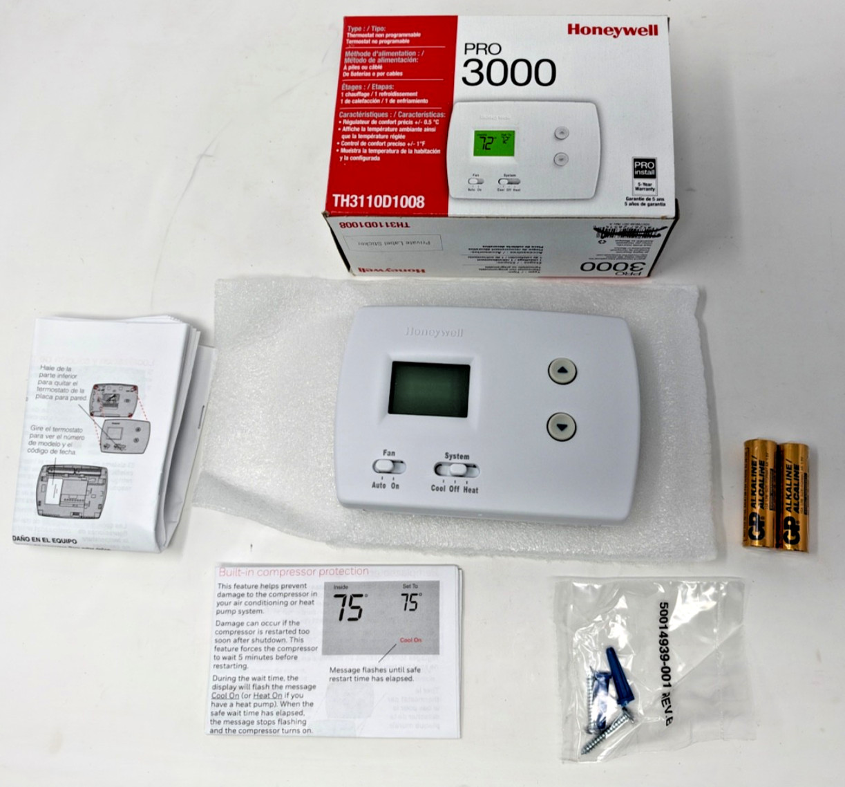 NEW Honeywell TH3110D1008 Pro 3000 Non-Programmable Digital Thermostat, White