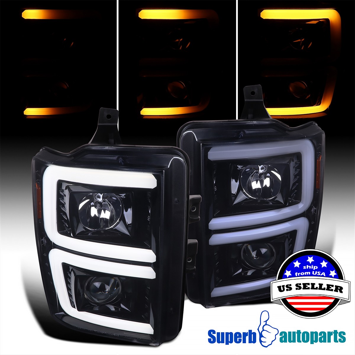 For 08-10 Ford F250 Smoke Lens Black Projector Headlights Sequential Switchback
