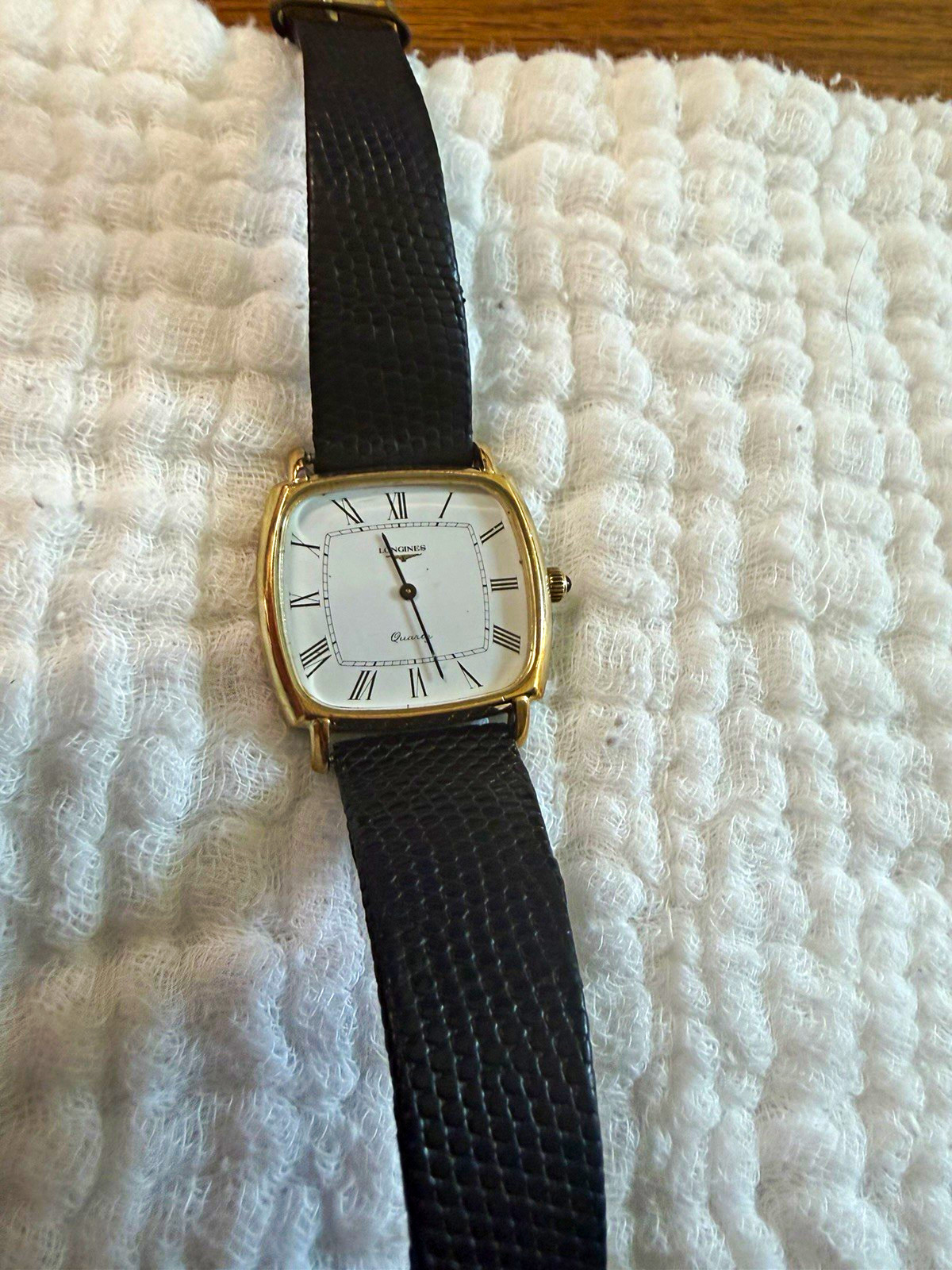 Longines Quartz Vintage Cushion Gold Case White Roman Dial Black Leather Strap