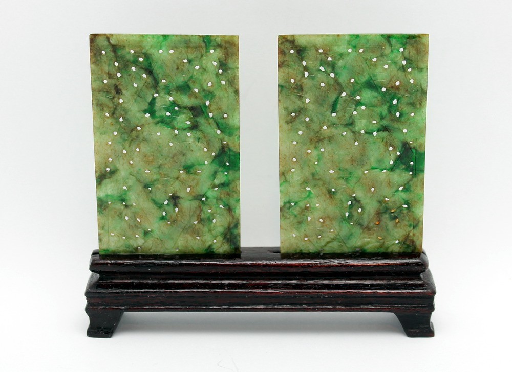 FINE PAIR OF VINTAGE CHINESE CARVED JADEITE PLAQUES W/ WOOD STAND