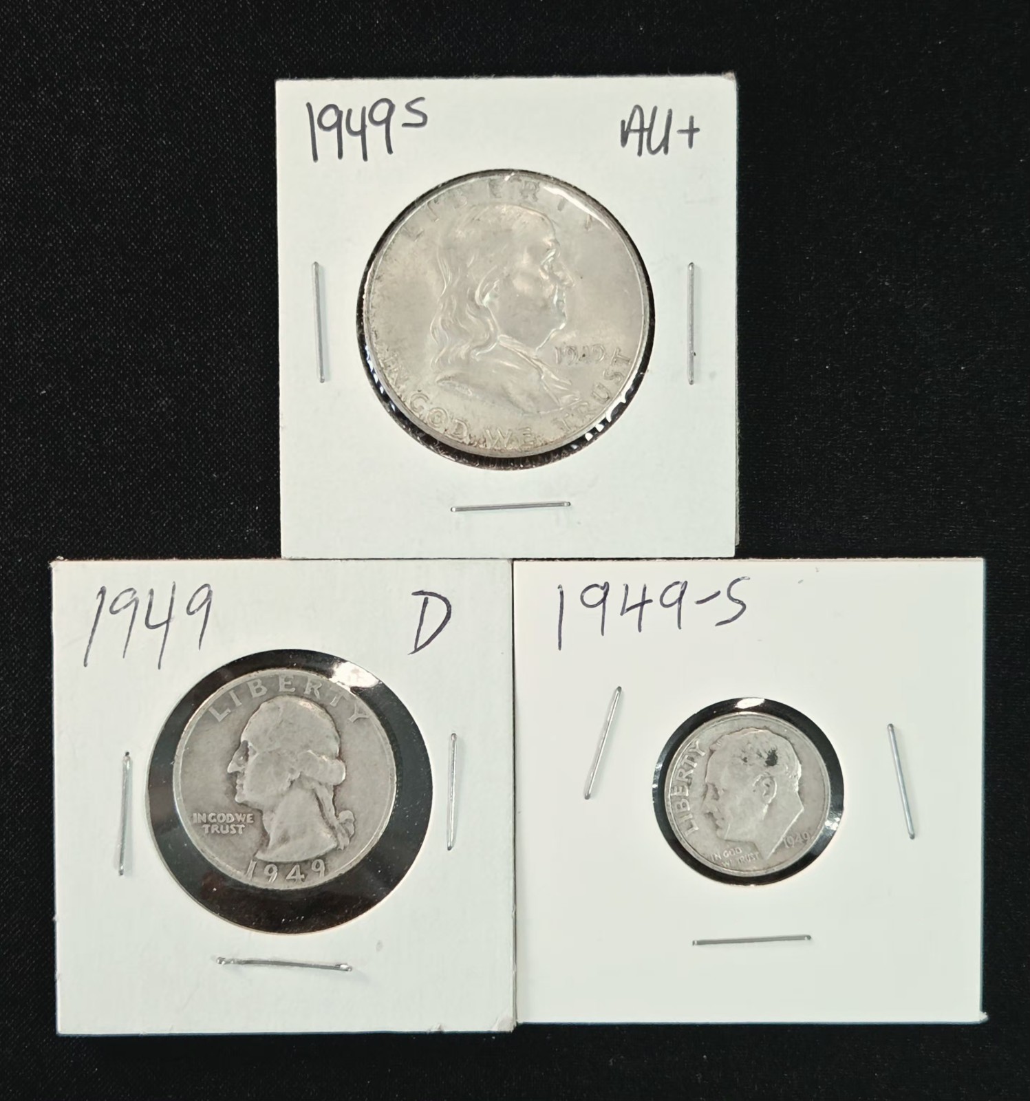 1949-S Franklin Half Dollar 1949-D Quarter 1949-S Dime 90% Silver 3 US Coin Lot