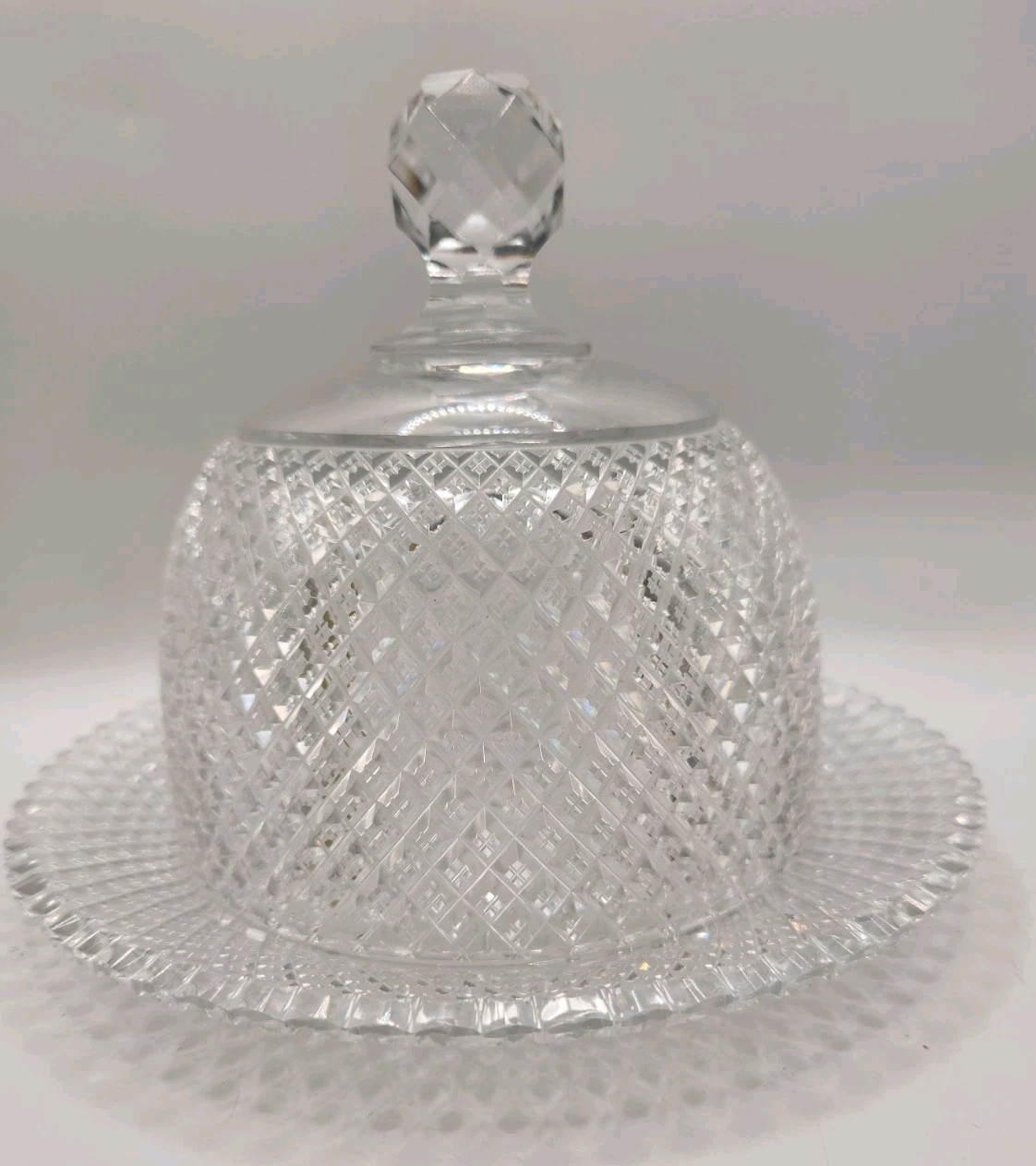 Antique Late 1800\'s ABP Strawberry Diamond Cut Glass Covered Butter Dish 
