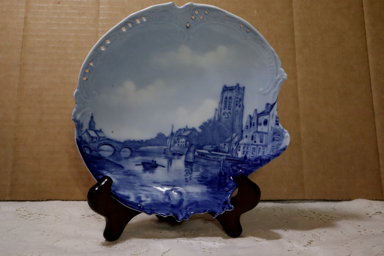 1898-1906 Antique Rosenthal Savoy Delft Village Bridge Sailboats Pierced Plate