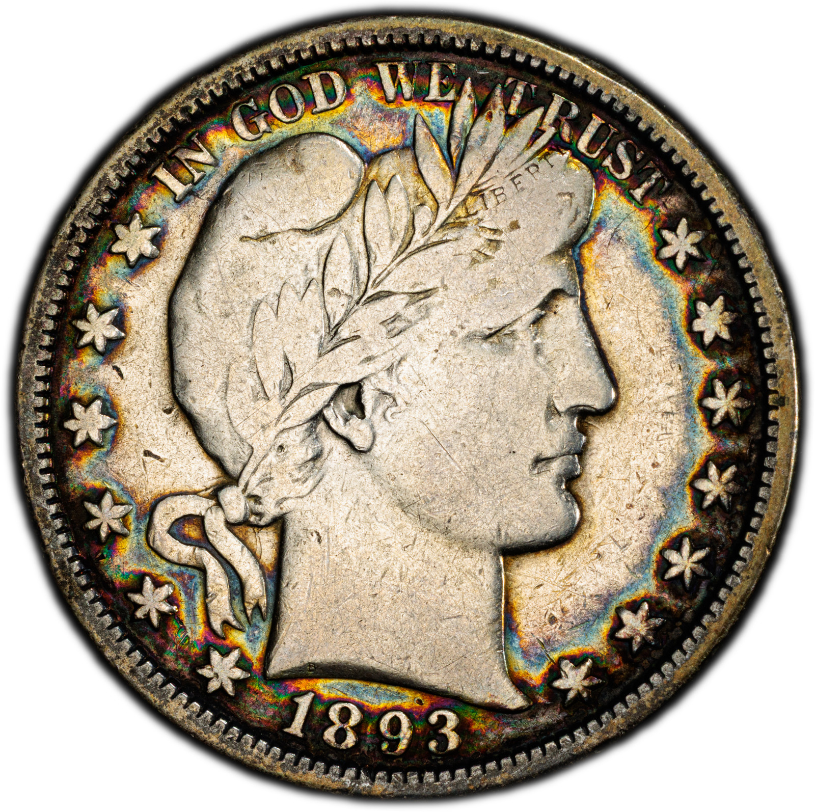 1893-O PCGS F12 Barber Half Dollar | Rainbow Toning | 40th Anniversary Label
