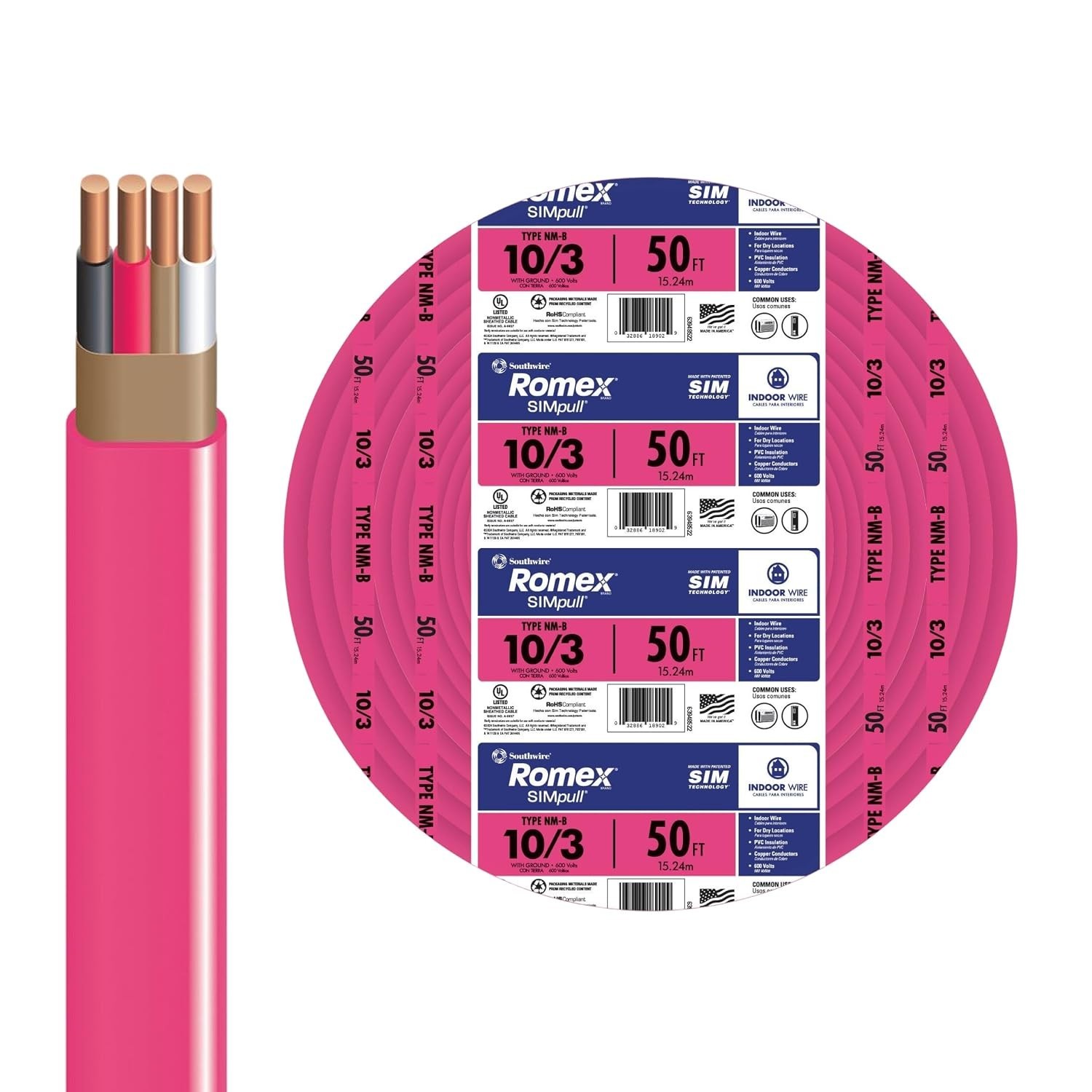 Southwire Romex Simpull Electrical Wire 10 Gauge, 3 Conductors, 50 Ft, NM-B Southwire Romex Simpull Electrical Wire 10 Gauge, 3 Conductors, 50 Ft, NM-B