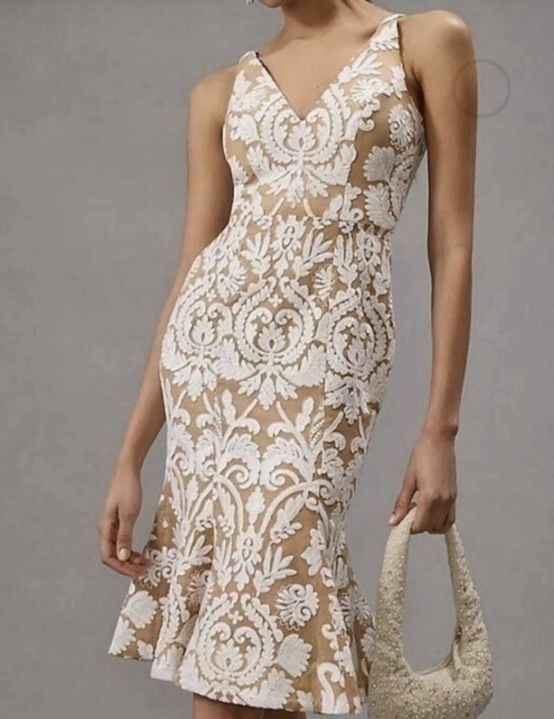 Dress the Population Isabelle Midi Dress Nude White Embroidered Lace Size S NWOT