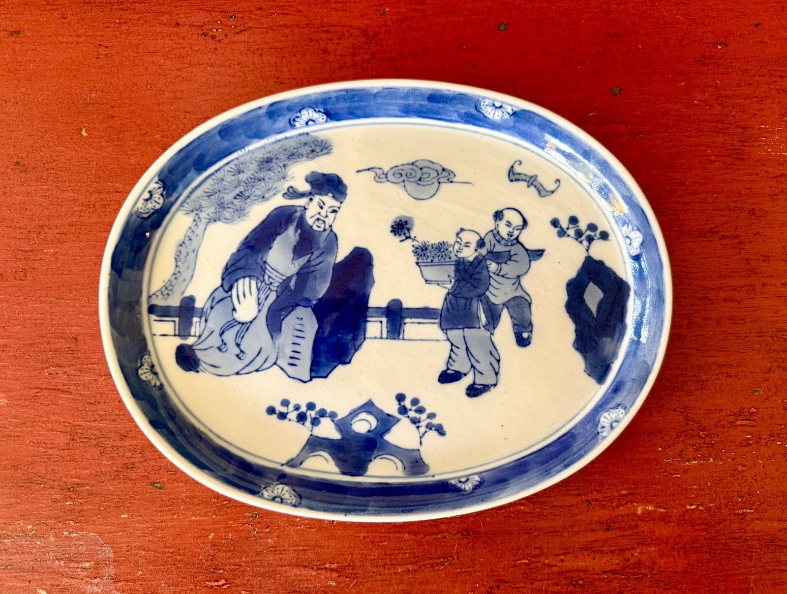 Antique Chinese Hand Painted Blue and White Platter w/ Scholar & Child c 1850 Antique Chinese Hand Painted Blue and White Platter w/ Scholar & Child c 1850