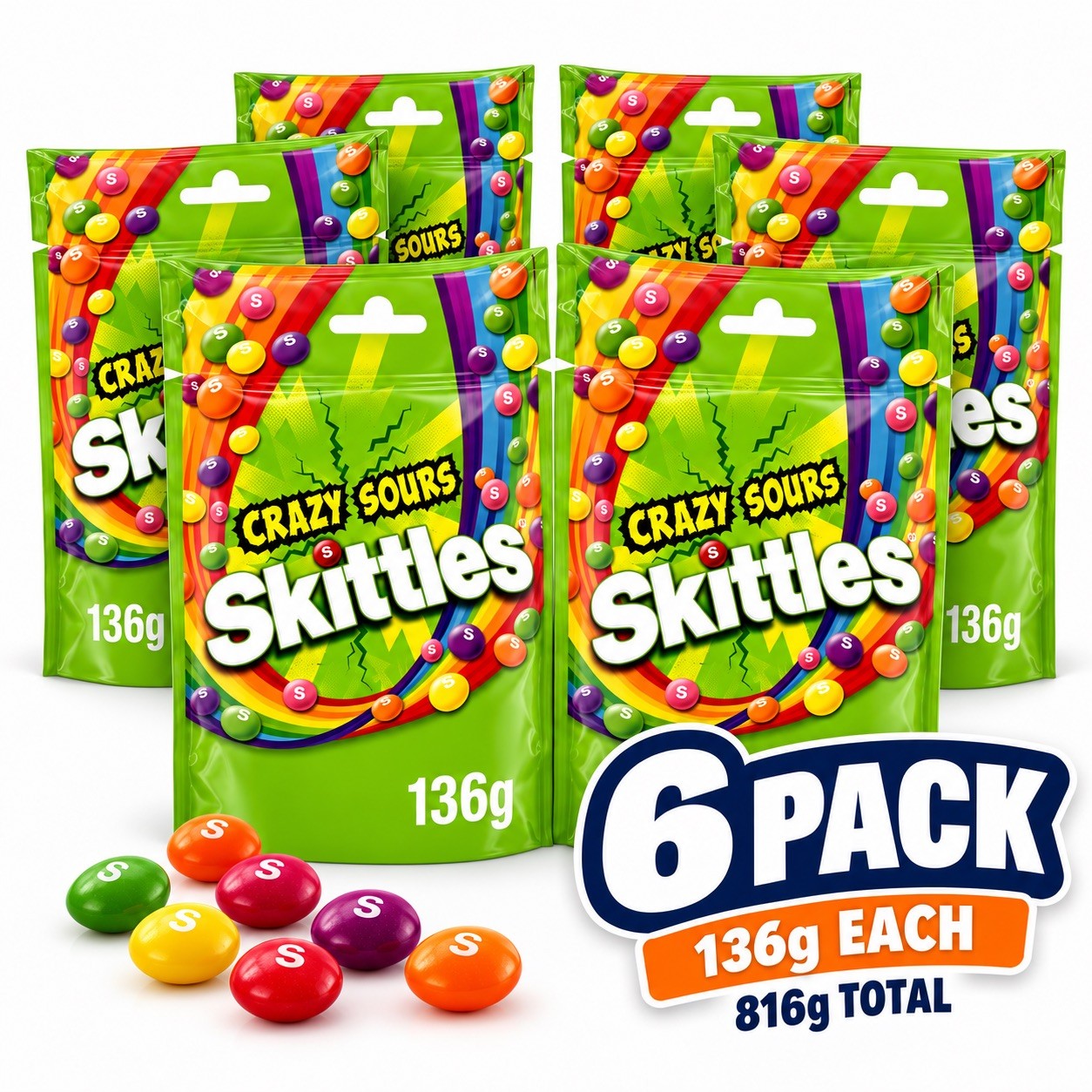 6x Skittles Crazy Sours 136g Bags Sour Fruit Chewy Candy Imported 816g Total
