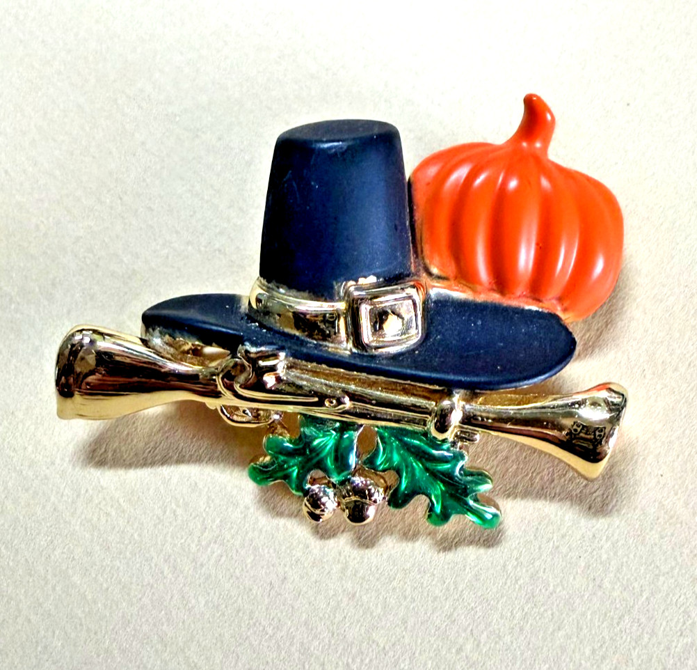 Vintage AGC Thanksgiving Pilgrim Hat, Pumpkin, Musket Enamel Brooch