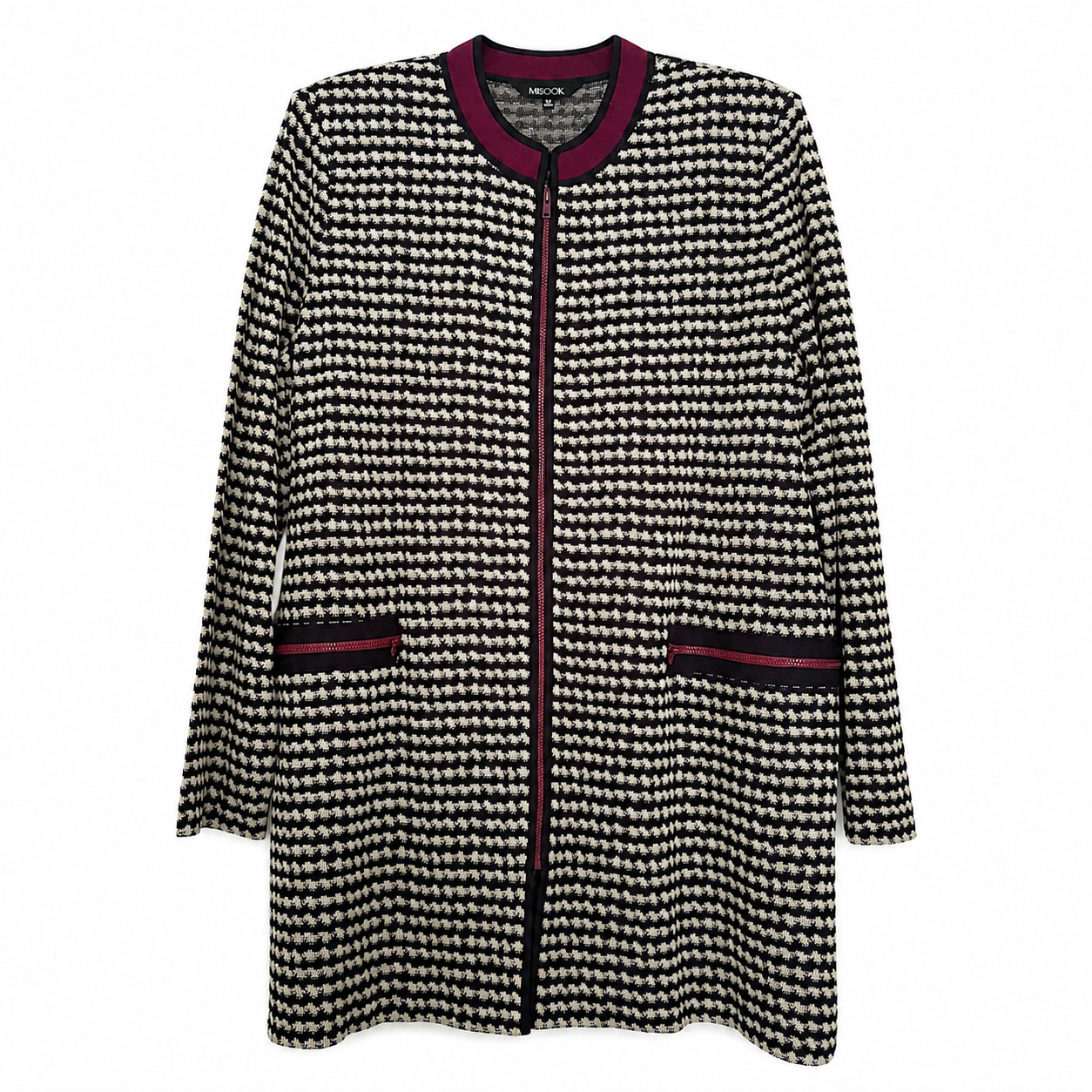 Misook Womens L Black Ivory Burgundy Knit Zip Front Long Cardigan Jacket Misook Womens L Black Ivory Burgundy Knit Zip Front Long Cardigan Jacket