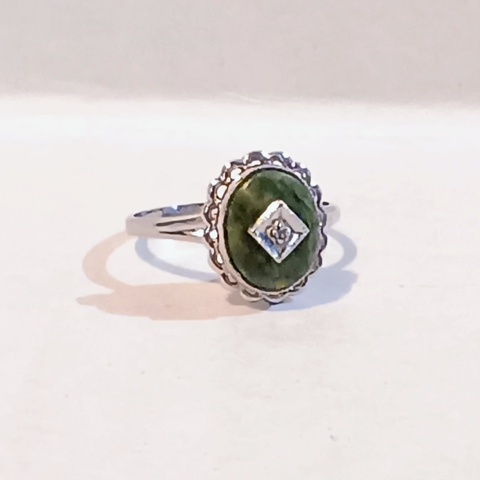 Vintage PSCO Art Deco 10K White Gold Ring-Oval Nephrite Jade Cabochon-Size 5- Vintage PSCO Art Deco 10K White Gold Ring-Oval Nephrite Jade Cabochon-Size 5-