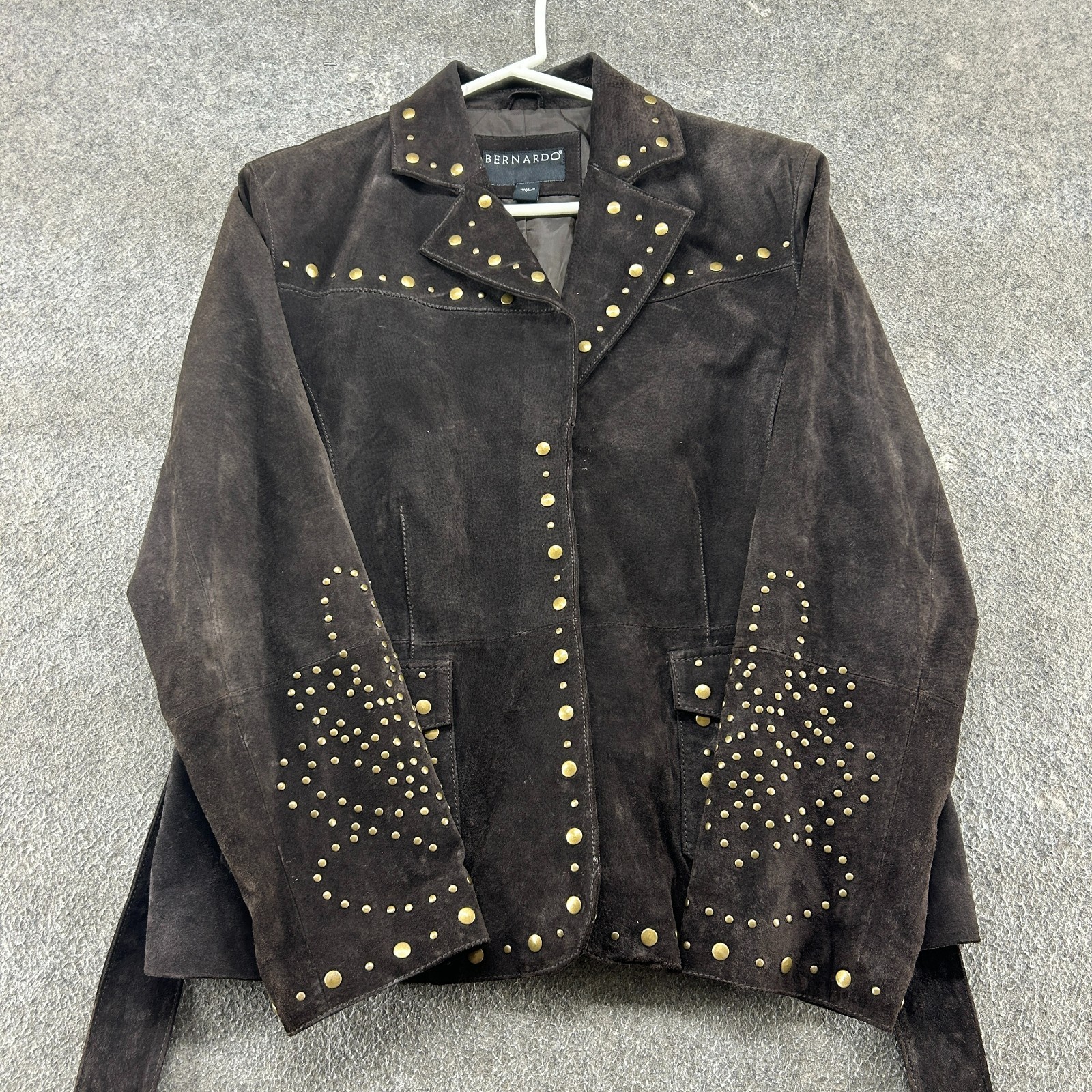 VINTAGE Bernardo Leather Coat Womens L Brown Suede Genuine Studded Belted Y2K VINTAGE Bernardo Leather Coat Womens L Brown Suede Genuine Studded Belted Y2K