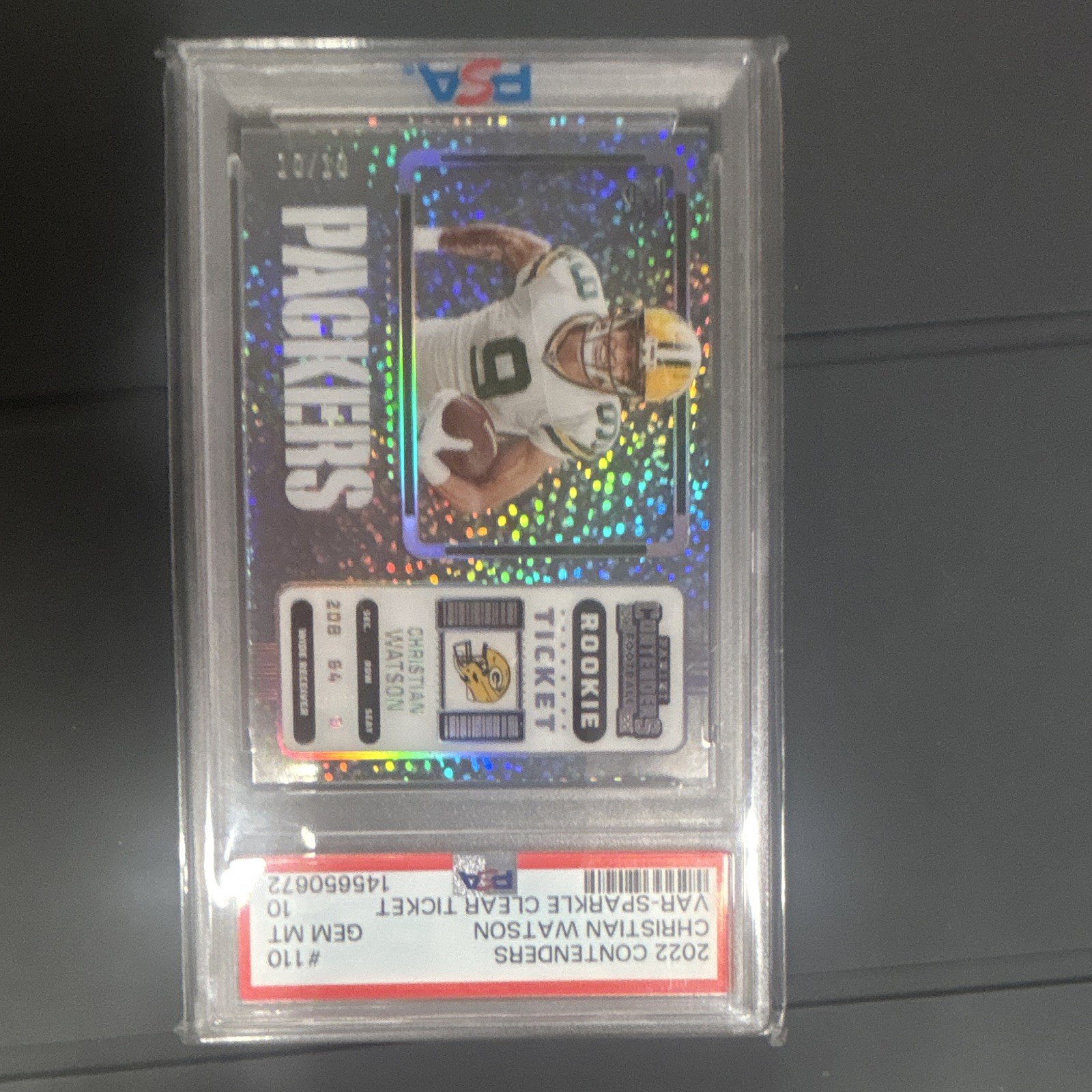 Panini Contenders Christian Watson Packers Rookie Ticket VAR-Sparkle PSA 10
