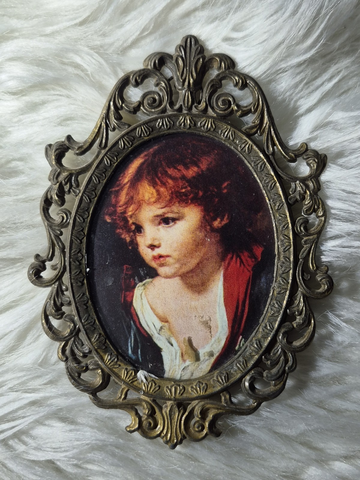 Vintage Ornate French Gold Framed Picture Child Italy Blue Felt Back
