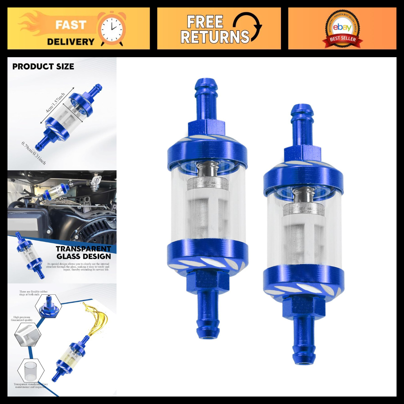 2Pcs Inline Fuel Filter Set, Washable Metal Glass, Universal Car Truck Motorcycl