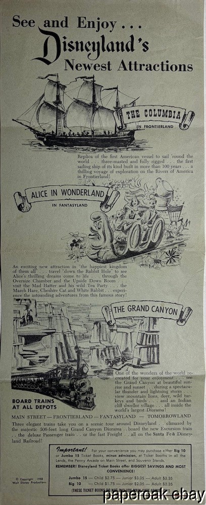 Original 1958 Disneyland Newest Attractions Single Sided Flyer