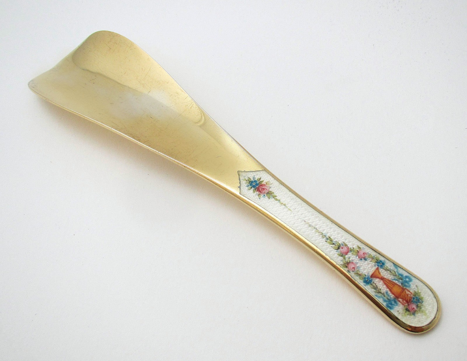 Rare Antique Solid Sterling Silver Gilt Guilloche Flower White Enamel Shoehorn