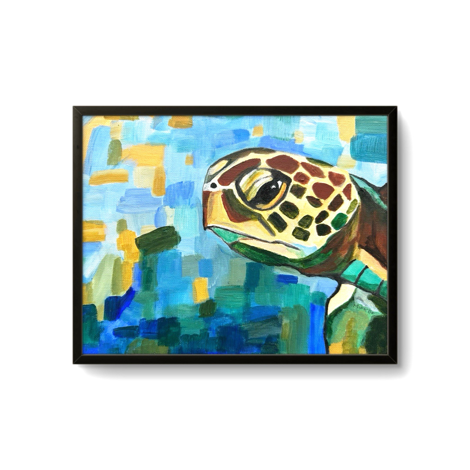 Original 8x10 Canvas Acrylic Hand Painted Sea Turtle Blue Teal Art Framed