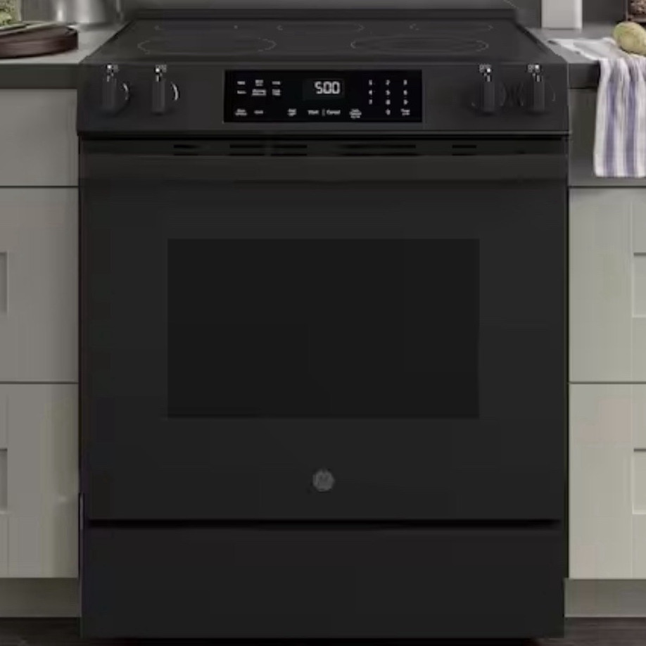 GE 30in Black Slide-In Electric Range Smooth Top Self & Steam Clean 5 Burners GE 30in Black Slide-In Electric Range Smooth Top Self & Steam Clean 5 Burners