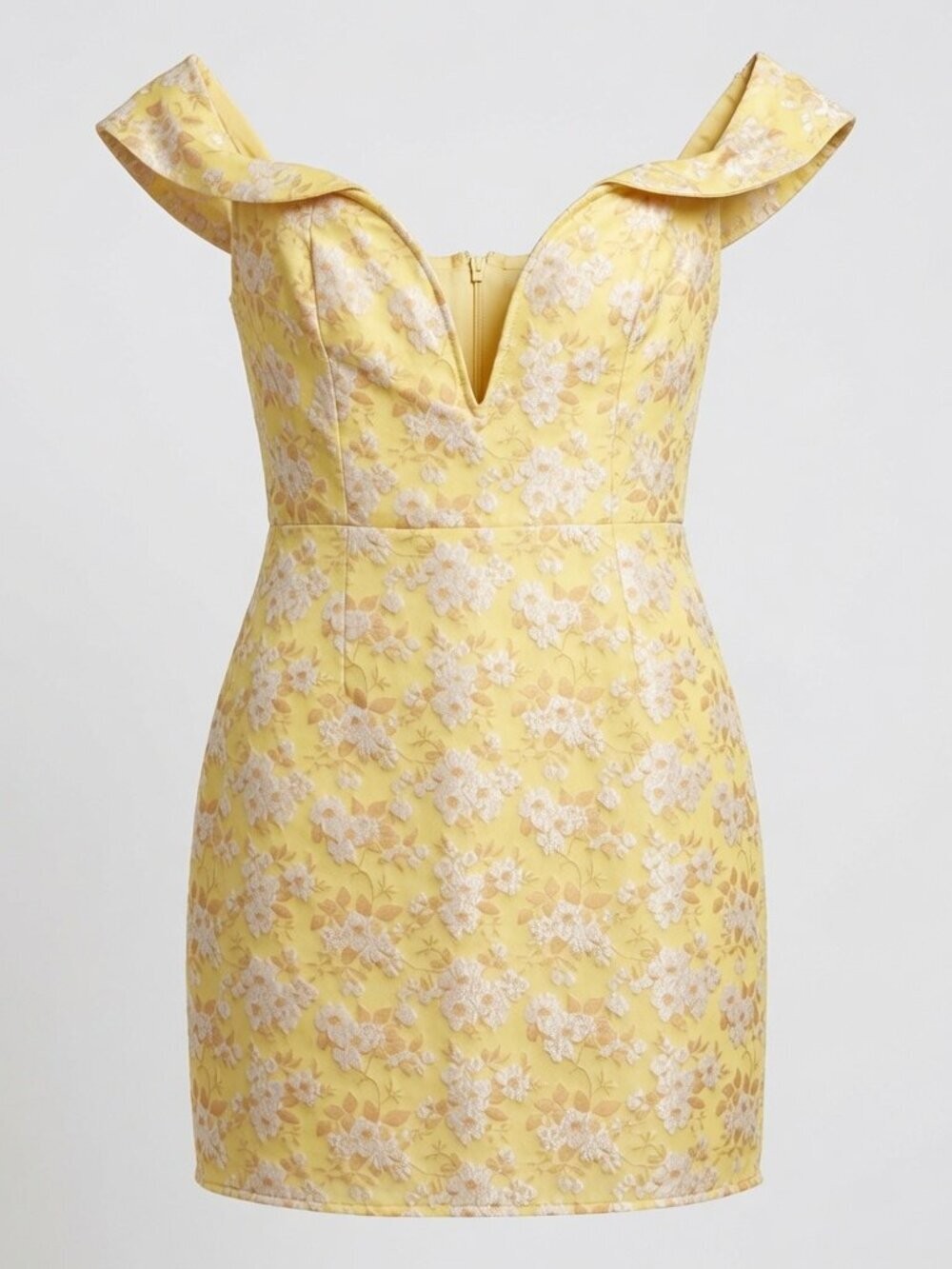 NWT Lulus Favorite Song Yellow Floral Jacquard Off-Shoulder Mini Dress Small