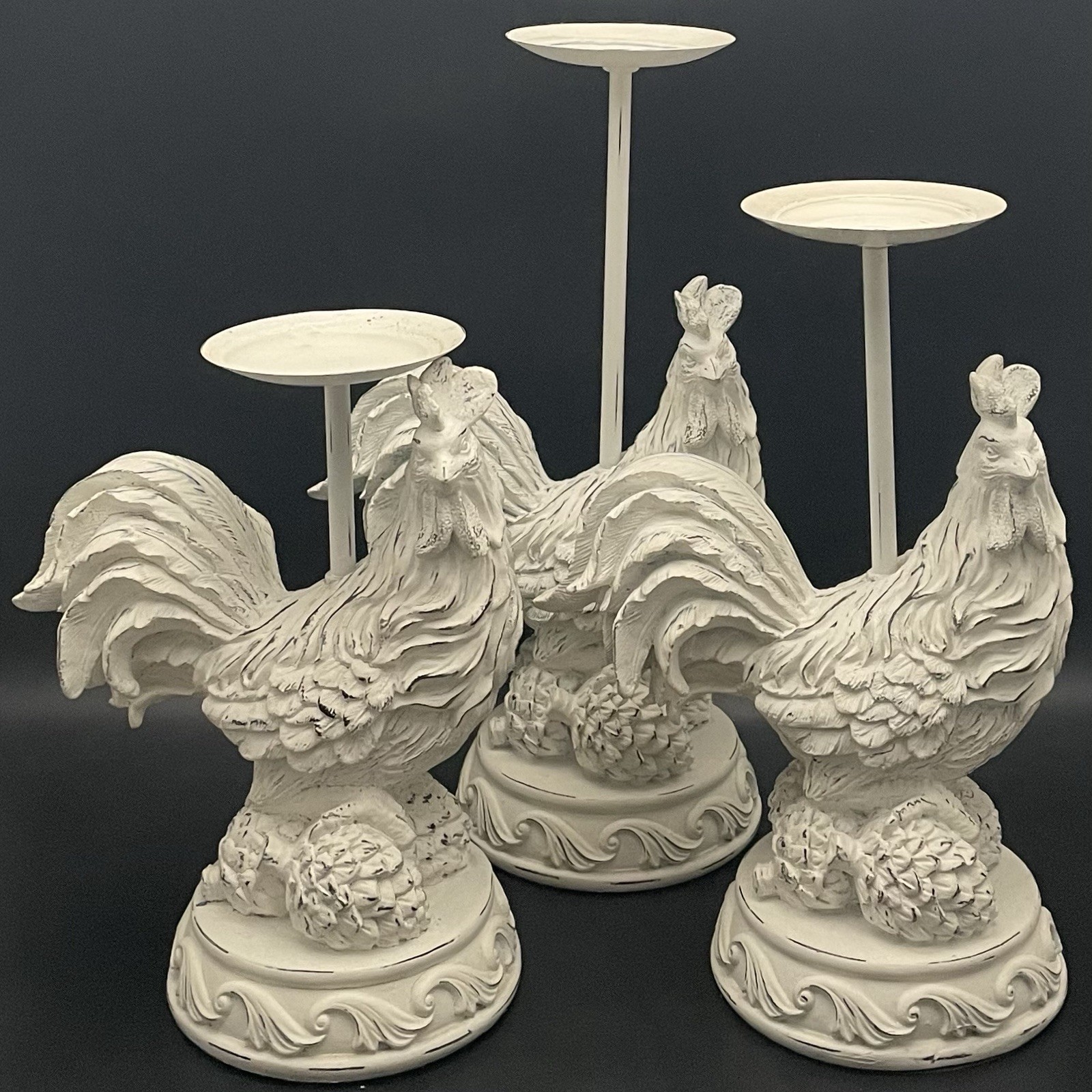 Rustic Farmhouse White Wood Metal 3pc Rooster Pillar Candle Holders China c1980s
