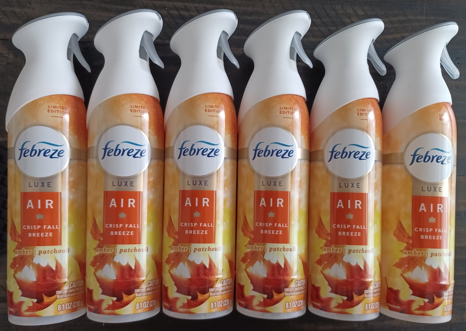 6 Febreze Luxe Air Crisp Fall Breeze Amber Patchouli Spray 8.8 oz. Brand New
