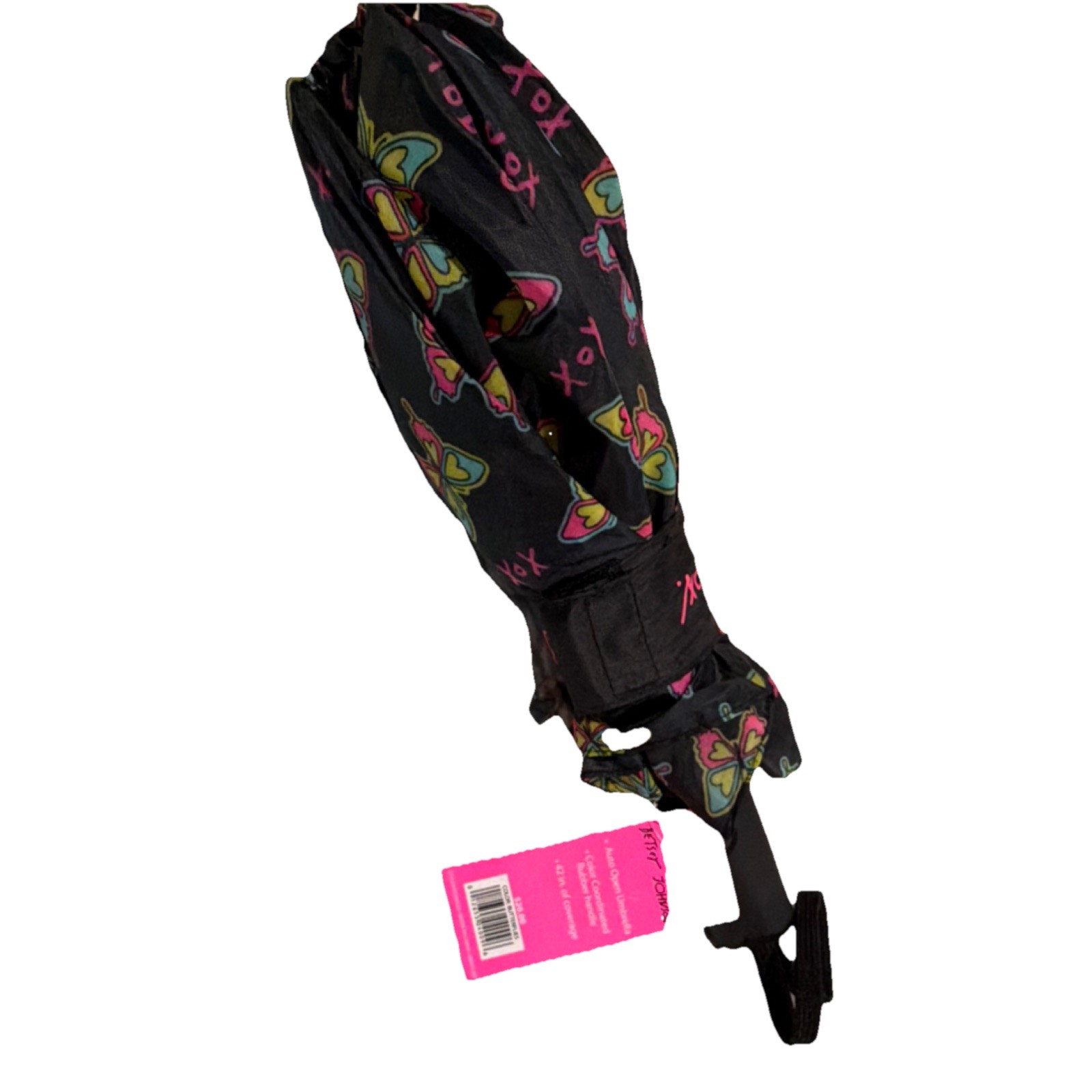 Betsey Johnson Automatic Compact Umbrella Black Multicolor Butterfly Print