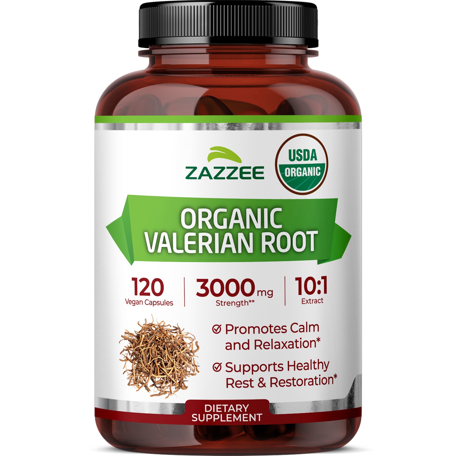 USDA Organic Valerian Root 10:1 Extract, 3000 mg Strength, 120 Vegan Capsules