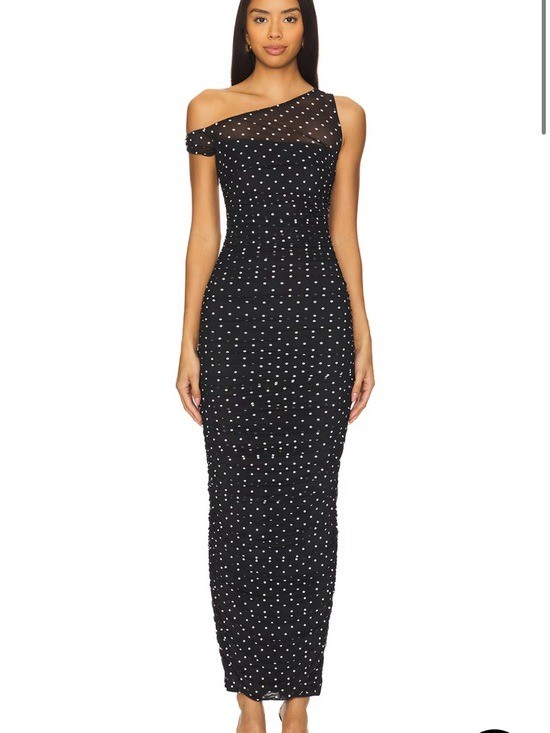 AFRM Black Polka Dot Mesh ruched Maxi Dress size L NwT