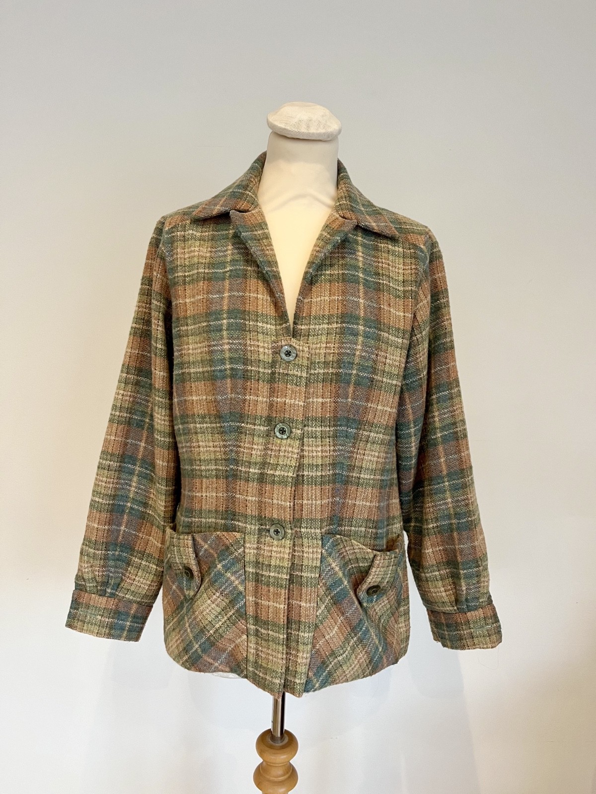Vintage 1940s 1950s Checked Wool Jacket Beige Multi Colour M UK 12-14