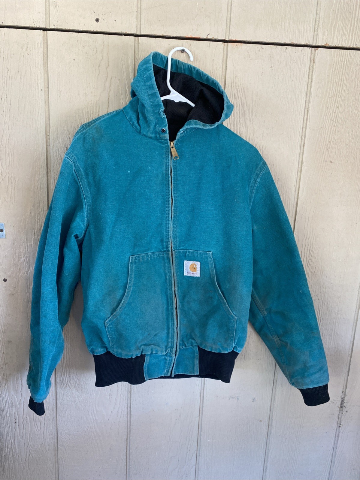 Vintage Carhartt 90s Aqua Teal Hooded Jacket Size Mens Small Distressed Stains