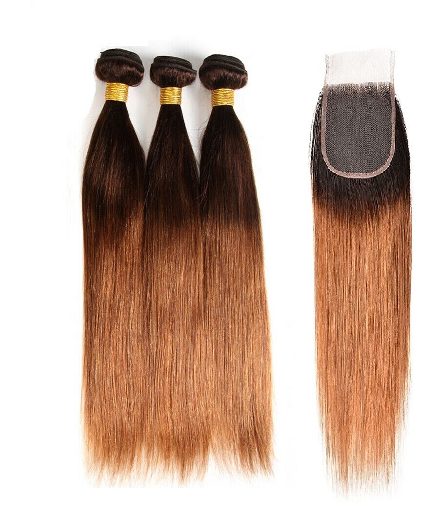 Ombre 4/30 Straight 3 Bundles With Closure 100g/Bundle