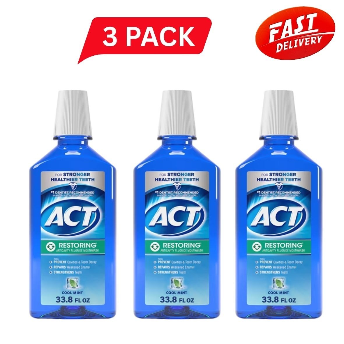 ACT Restoring Anticavity Fluoride Mouthwash, Cool Mint, 33.8 fl( PACK OF 3 ) NEW