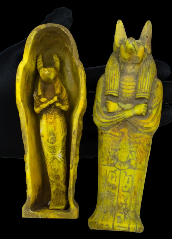 Ancient Egyptian Anubis & Osiris Statue Rare Yellow Faience Gods Artifact Figure