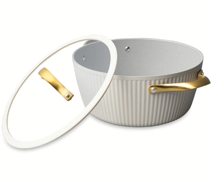 Olla Holandesa 5,5 QT Antiadherente Diseño Estriado Blanco Dorado Fácil Limpieza