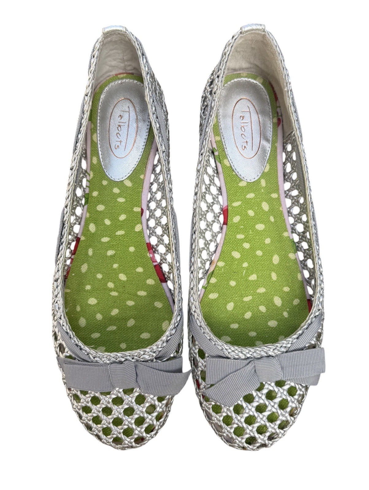 Talbots Women’s 7.5 B Silver Metallic Woven Ballet Flats Bow Shoes