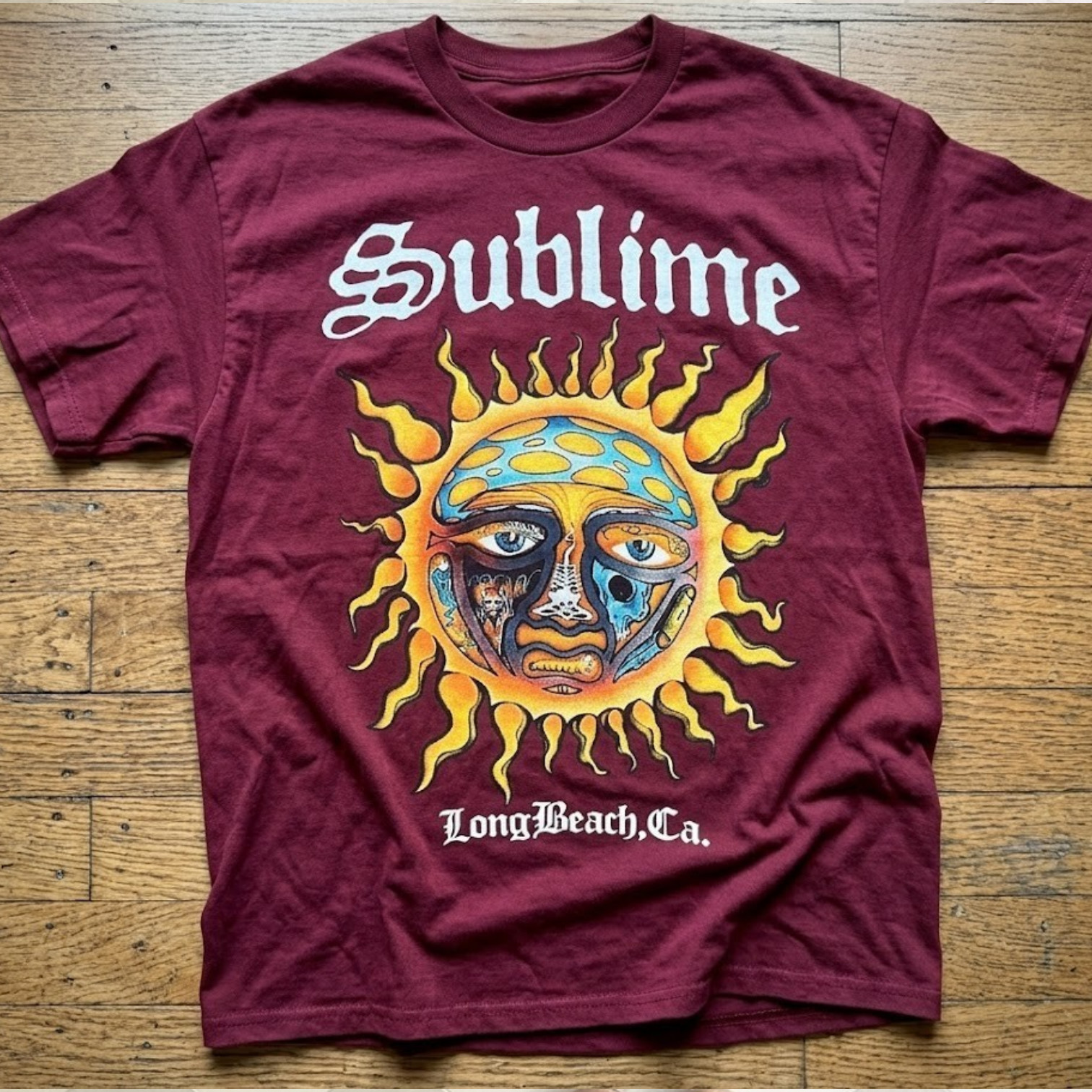 Sublime Long Beach California Burgundy Graphic T-Shirt Sun Band Tee