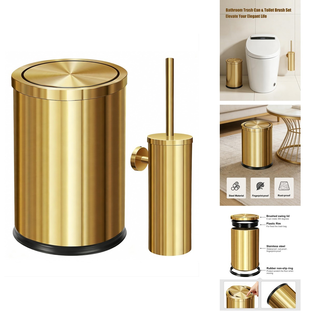 Huaqinglian 2.4 Gallon Gold Bathroom Trash Can with Wall Mounted Toilet Brush Huaqinglian 2.4 Gallon Gold Bathroom Trash Can with Wall Mounted Toilet Brush