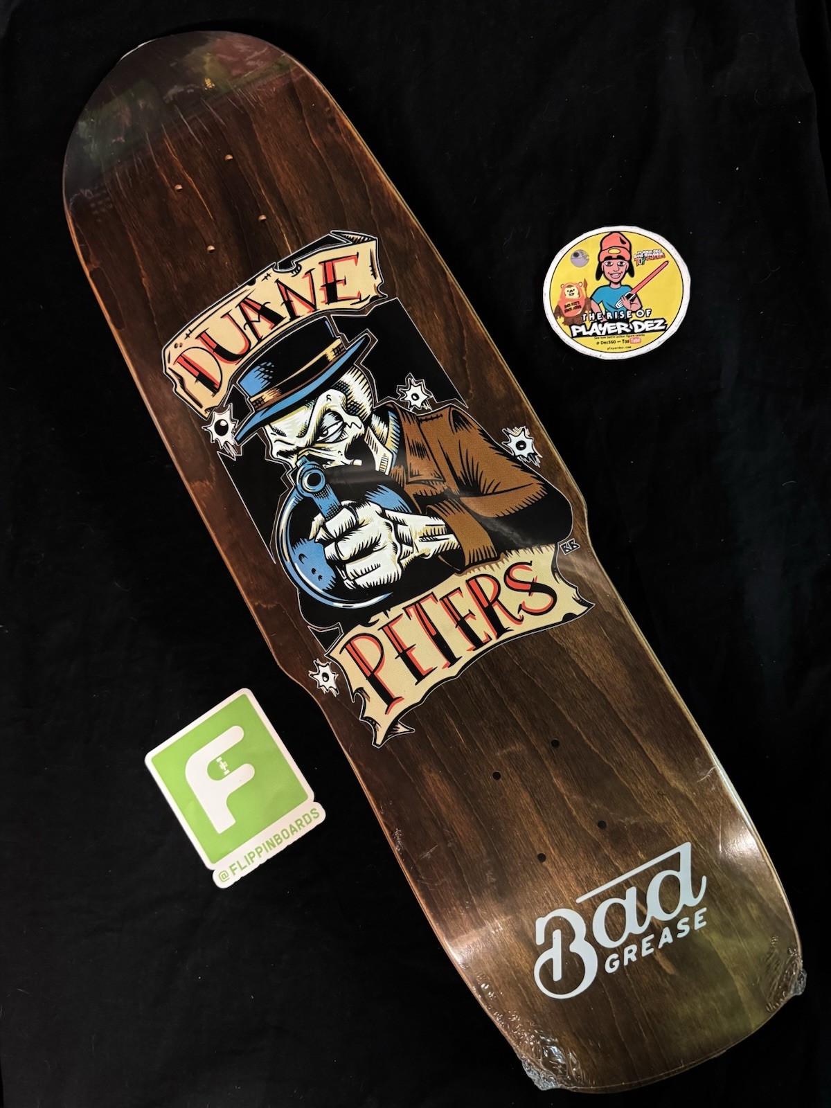 SUPER RARE Duane Peters Bad Grease Gun Skill Shaped Skateboard Deck In Shrink SUPER RARE Duane Peters Bad Grease Gun Skill Shaped Skateboard Deck In Shrink