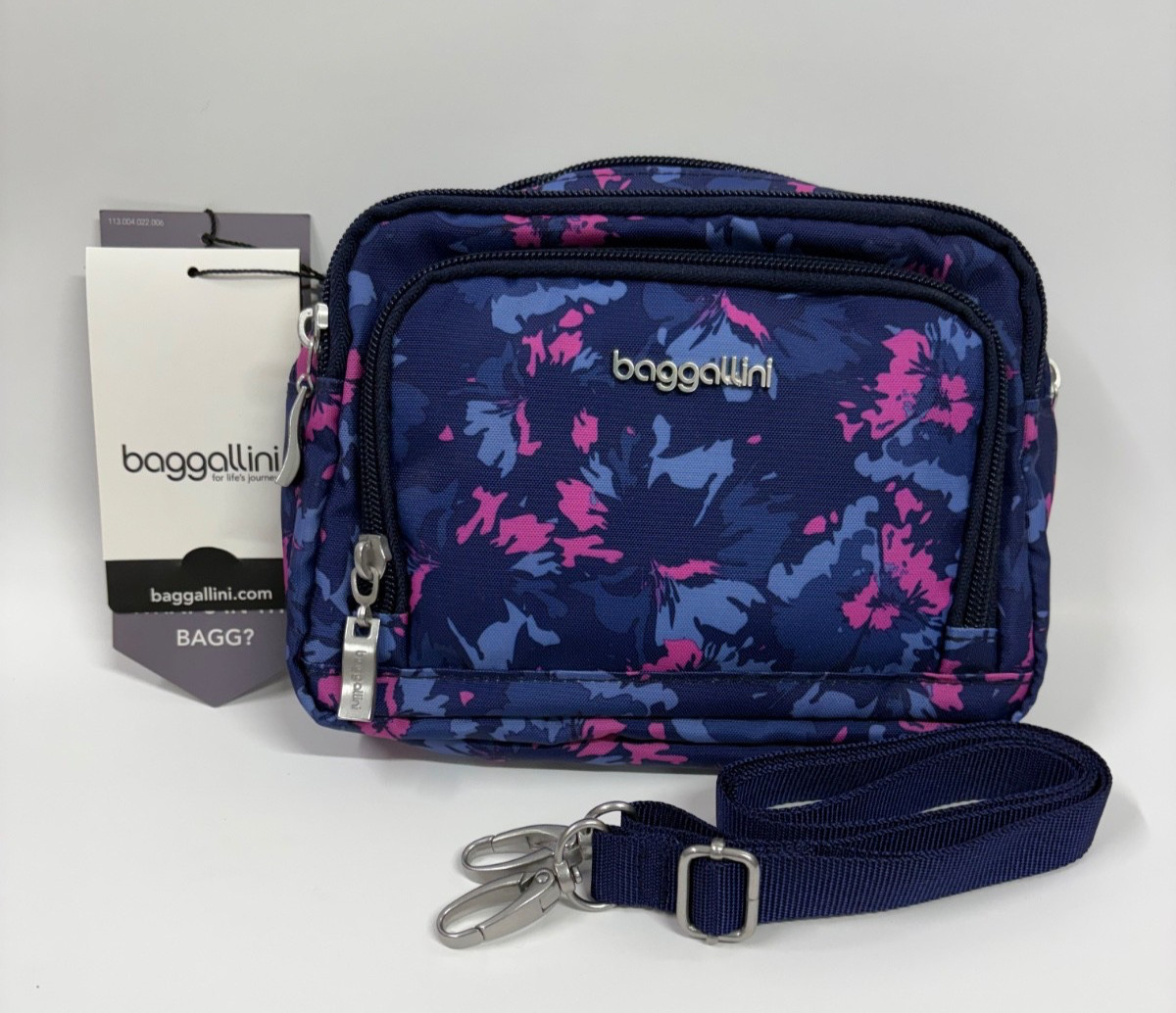 Baggallini Triple Zip Crossbody Bag Small RFID Wallet Purple Multi Travel Bag