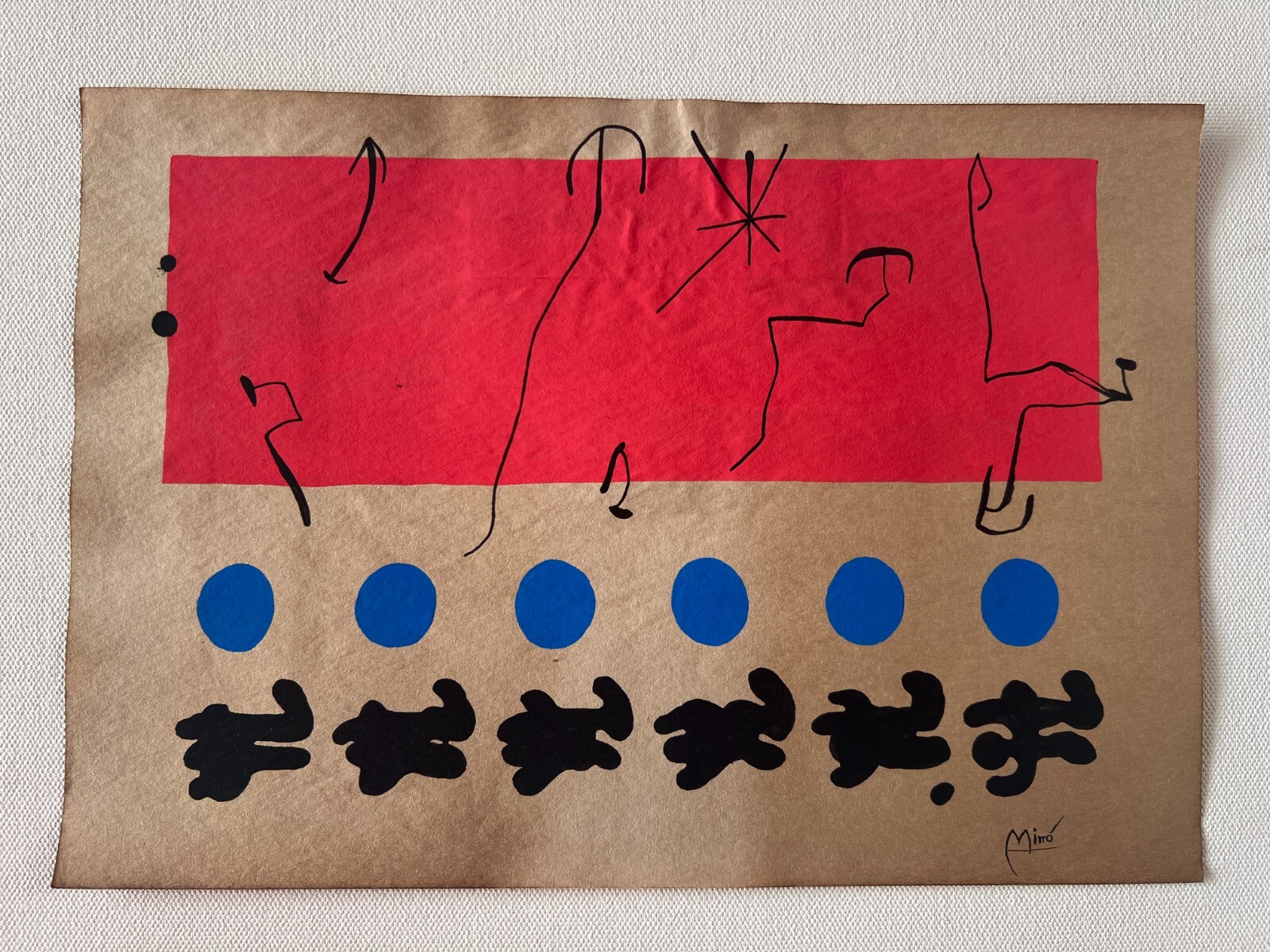 Joan Miró (Handmade) Drawing On old Paper Signed & Stamped Mixed Media, Vtg Art