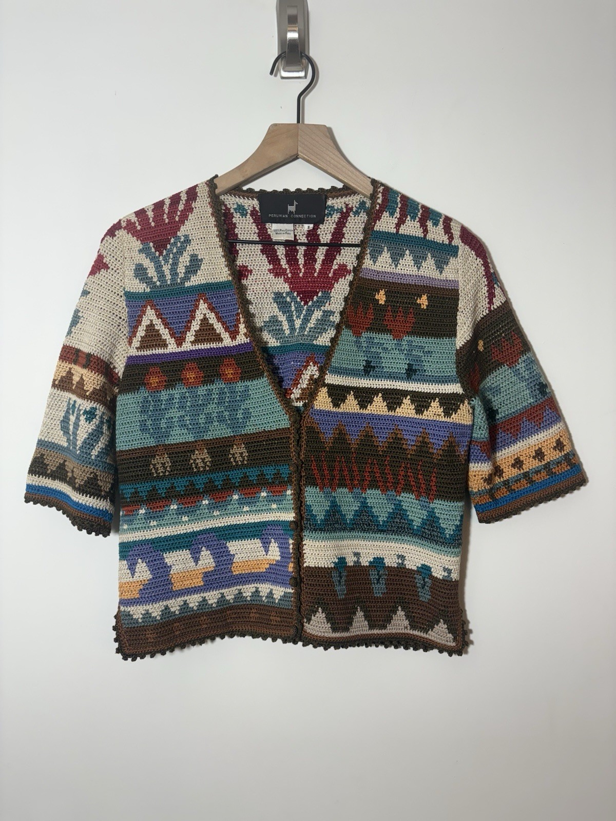 197 Vintage 90s Peruvian Connection Crochet Cardigan Sweater Pima Cotton Organic 197 Vintage 90s Peruvian Connection Crochet Cardigan Sweater Pima Cotton Organic