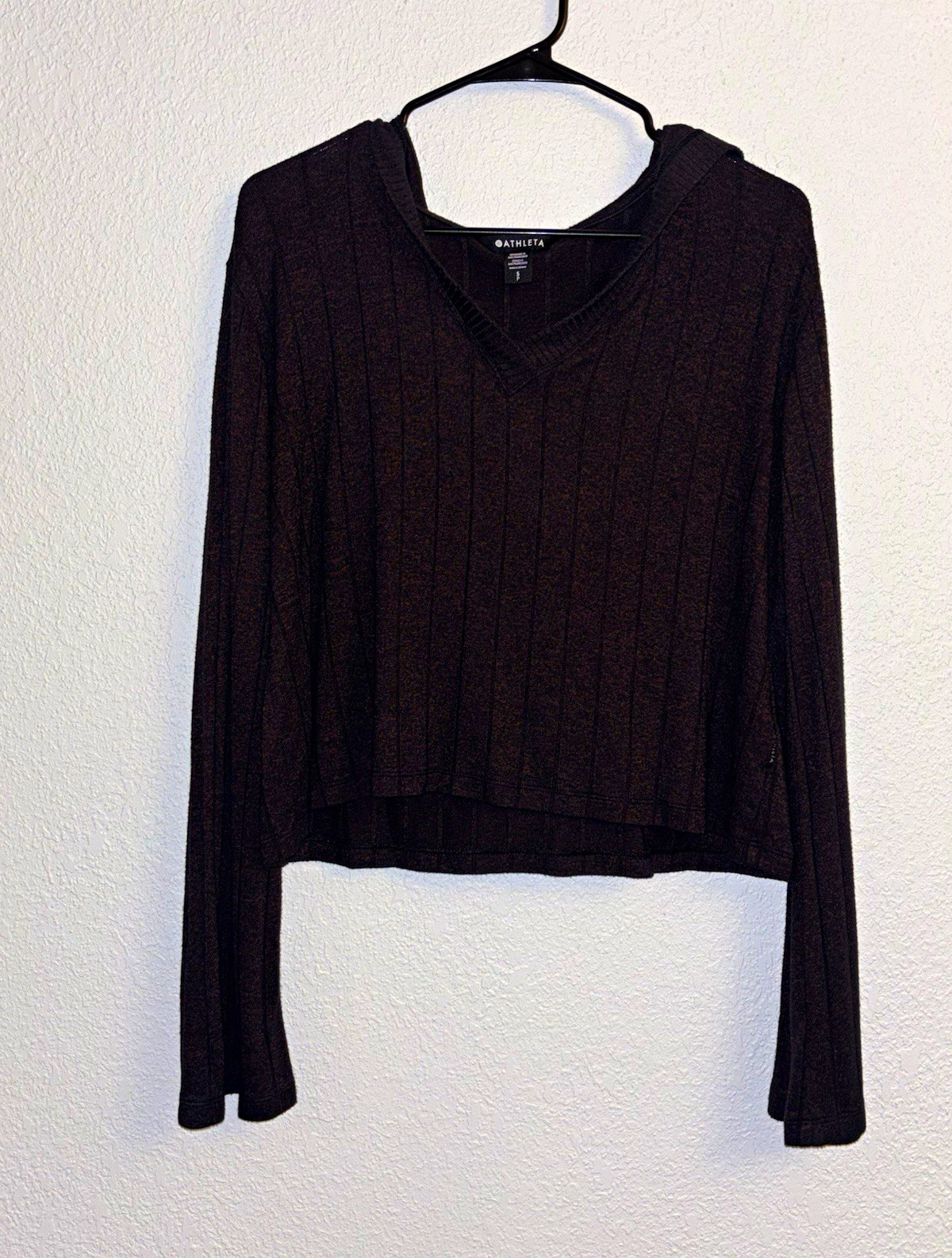 Athleta Conqua Black Rib Knit Hoodie V-Neck Long Sleeve Stretch Women\'s S