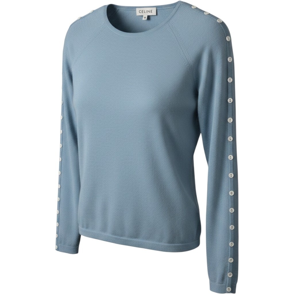 Celine Light Blue Cashmere Blend Button Sleeve Raglan Crewneck Sweater Size M Celine Light Blue Cashmere Blend Button Sleeve Raglan Crewneck Sweater Size M