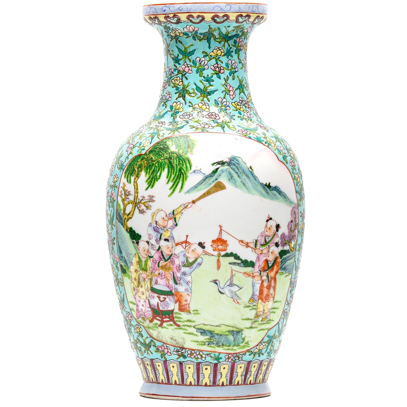 Chinese Porcelain Vase Children Playing Famille Rose Ruyi Head Republic Mark 20C