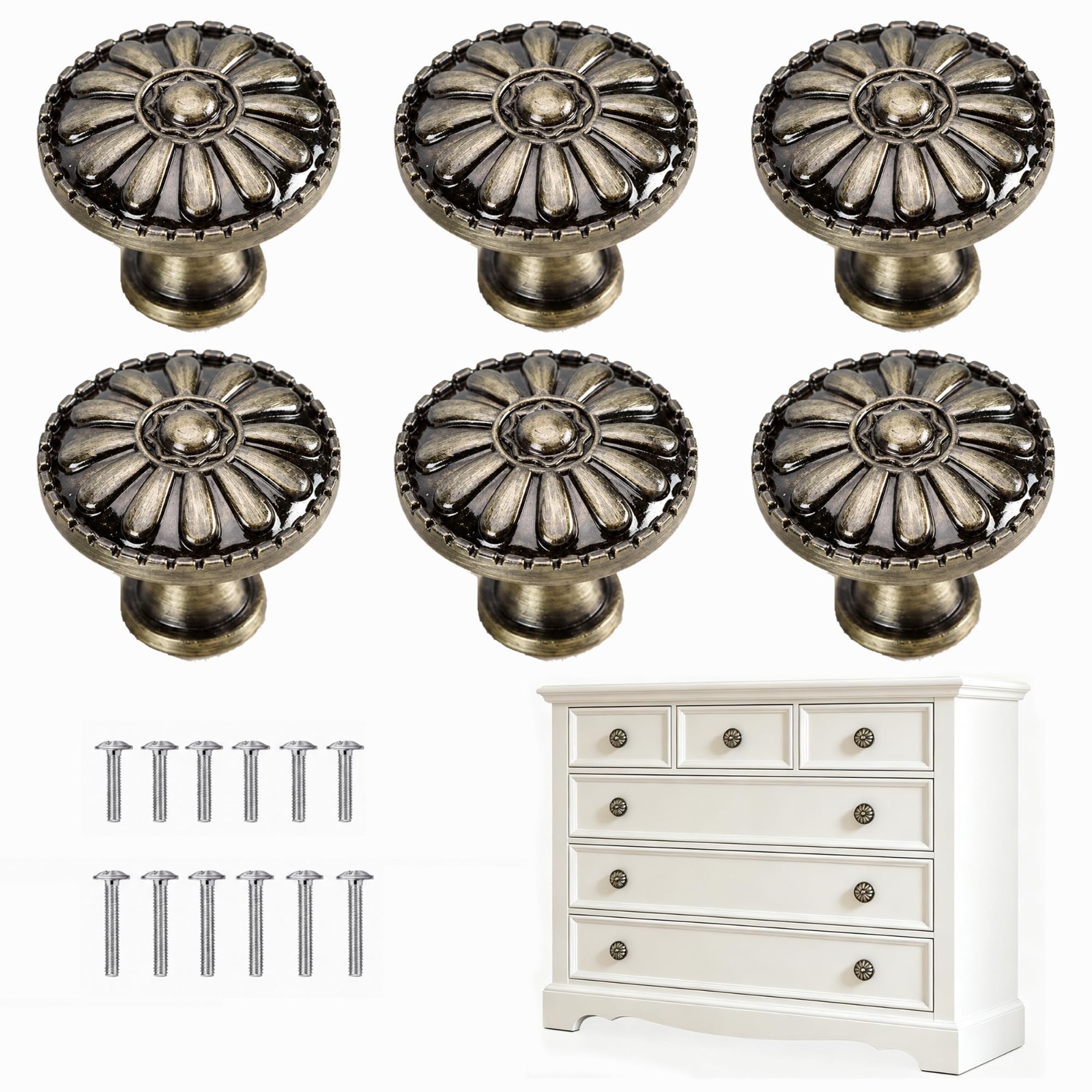 6 Pack Vintage Antique Brass Drawer Knobs, Retro Dresser Hardware, Cabinet Pulls