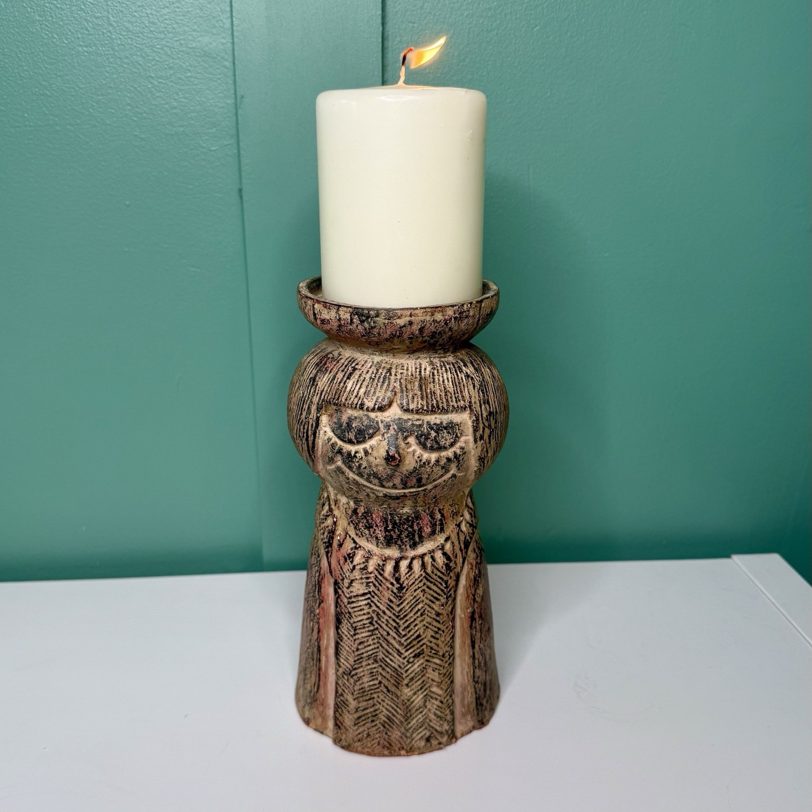 Girl Figure Pillar Candle Holder MCM Danish Scandinavian Studio Pottery Vintage