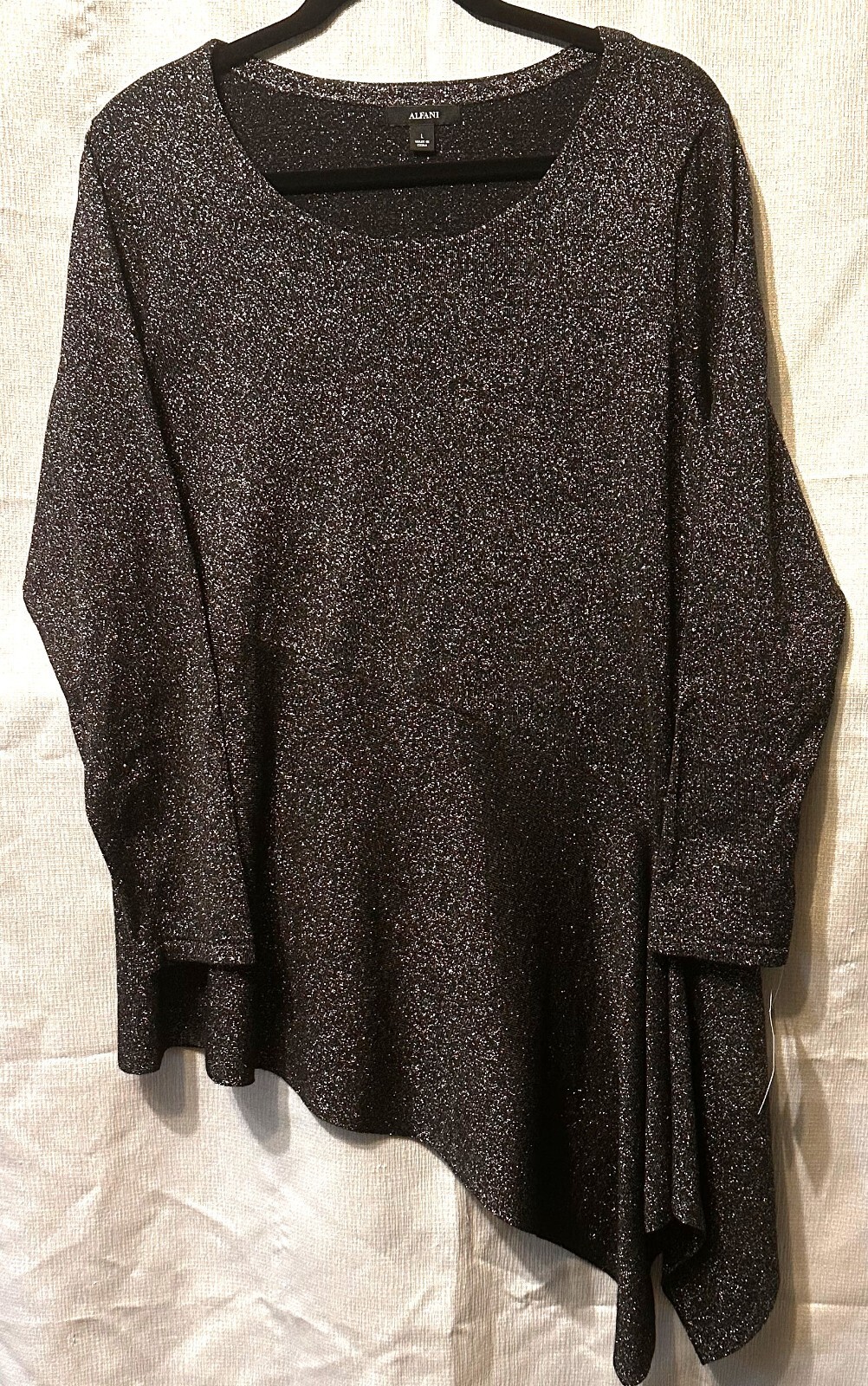 Alfani Women Black, Silver Asymmetrical Shimmer Top Size L Alfani Women Black, Silver Asymmetrical Shimmer Top Size L